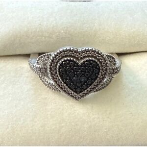 Vintage Sterling Silver Marcasite Heart Love band Ring Stamped SJD 925 size-8‎